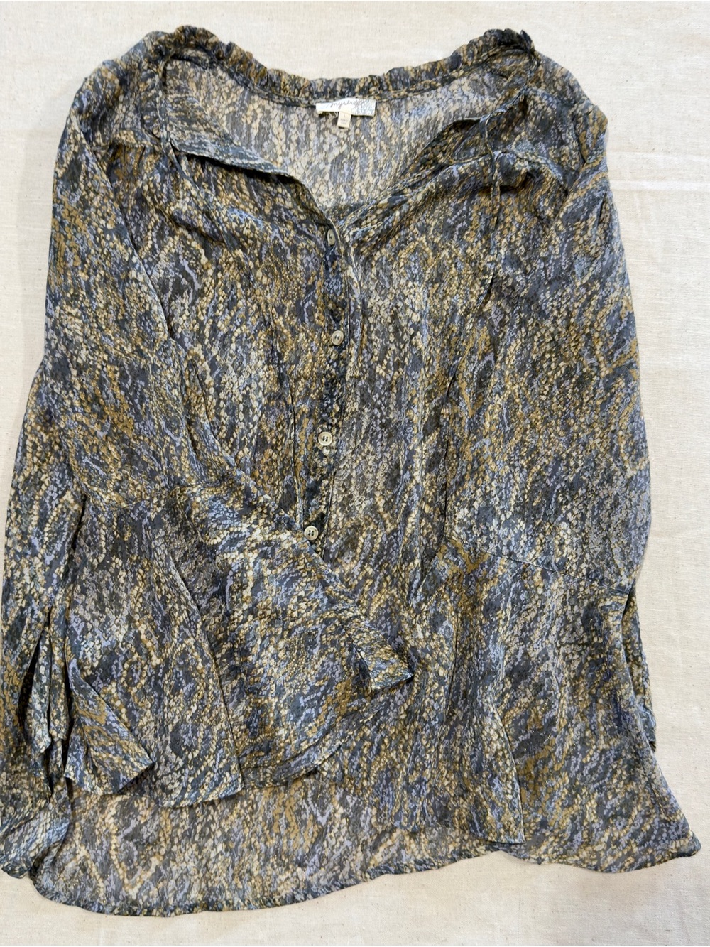 Mystree Snake-Print Button Front Blouse in Gray & Olive